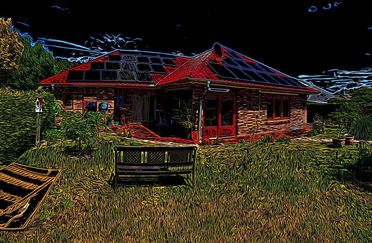 Einfamilienhaus mit rotem Ziegeldach, vollflächig mit Photovoltaikmodulen belegt, davor ein Garten mit Bank, in comichafter Bildbearbeitung.